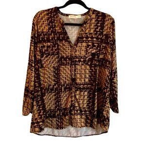 Faded Glory Black and Tan Button Down 3/4 Sleeve Top Women's Size XL